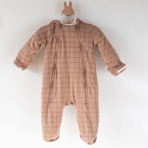 Baby Gap Plaid Hooded Sherpa Fleece Lined Pram Suit Winter Warm Brown Baby 6-12m